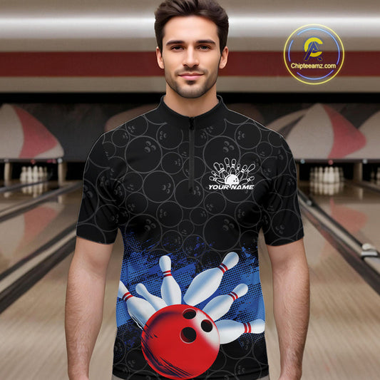 Custom Bowling Pattern Bowling Quarter-Zip Team Shirts For Men, Bowling League Shirt IPHW9545
