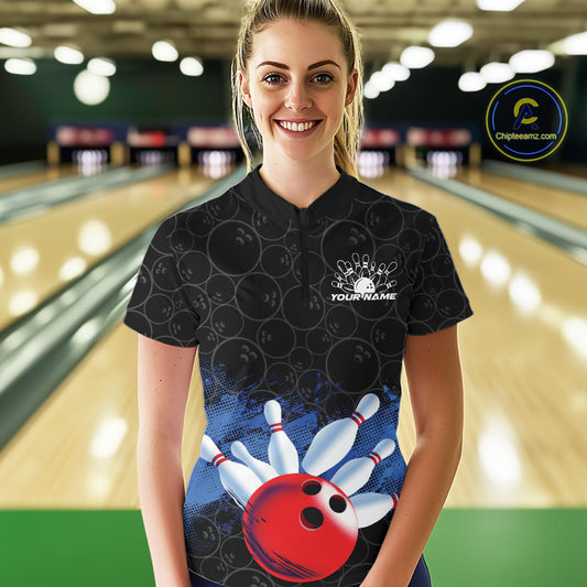 Custom Bowling Pattern Bowling Quarter-Zip Team Shirts For Women, Bowling League Shirt IPHW9545
