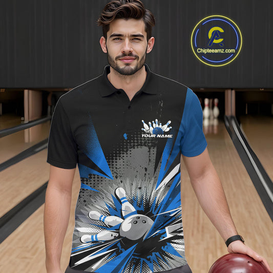 Custom Black And Blue Grunge Bowling Ball And Pins Explosion Team Polo Shirts For Men IPHW9548