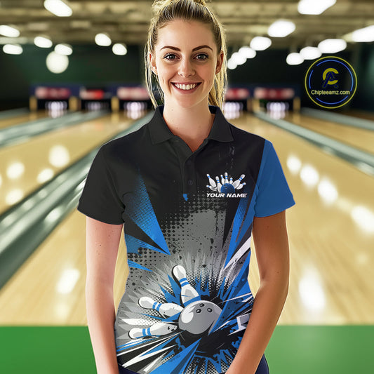 Custom Black And Blue Grunge Bowling Ball And Pins Explosion Team Polo Shirts For Women IPHW9548