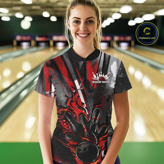 Custom Grunge Black And Red Fire Flame Bowling Women Quarter-Zip Shirt, Bowling Uniform IPHW9555