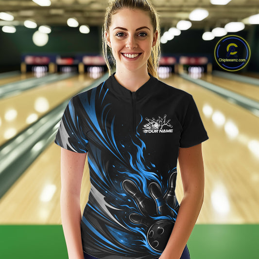 Custom Black And Blue Fire Flame Bowling Women Jerseys, Bowling League Quarter-Zip Shirt IPHW10309