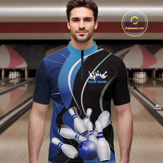 Custom Black And Blue Bowling Jerseys, Men Bowling Quarter-Zip Shirt Team Uniform IPHW9226