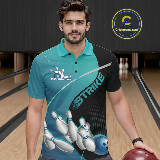 Custom Black And Blue Strike Bowling Polo Shirts For Men, Bowler Outfit Team Jerseys IPHW9229