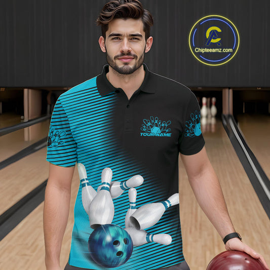 Custom Black And Blue Bowling Polo Shirts For Men, Blue Bowling Jerseys IPHW9401