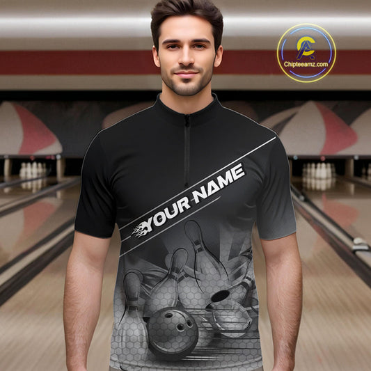 Custom Black And White Bowling Tournament Quarter-Zip Shirts For Men, Bowling Team Shirt IPHW9405