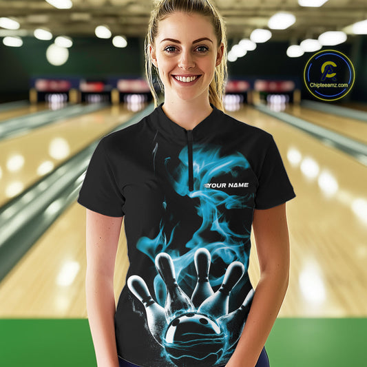Custom Blue Smoke Bowling Quarter-Zip Team Shirts For Women, Flame Bowling League Shirt IPHW9565