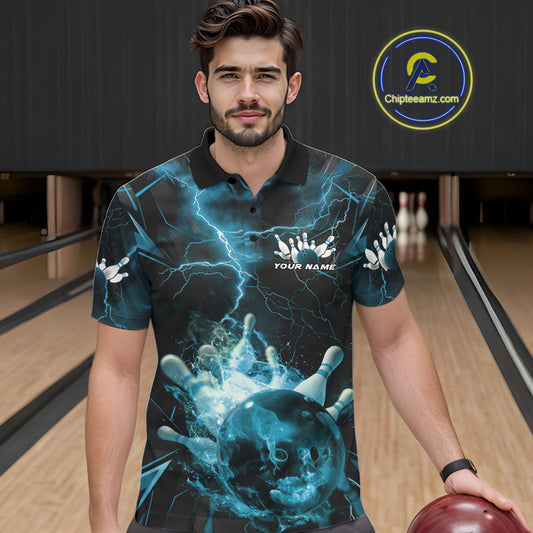 Custom Blue Thunder Lightning Bowling Team Polo Shirts For Men, Red Bowling Jerseys IPHW9582