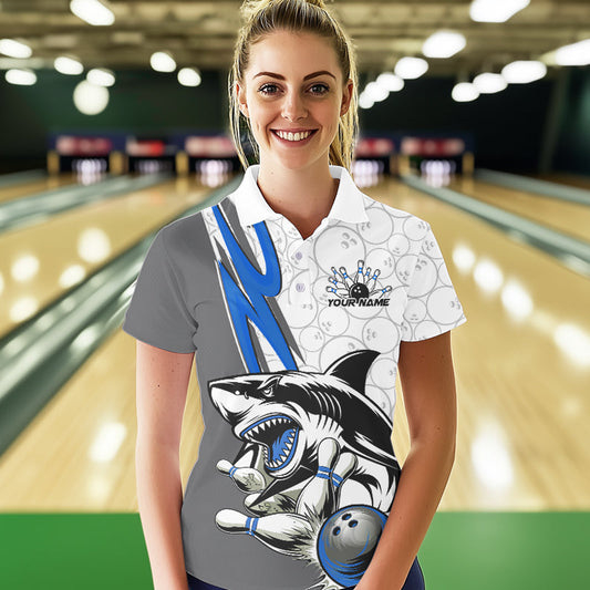 Custom Blue Shark Bowling Polo Shirts For Women, Shark Bowling Team Tournament Outfits IPHW8729