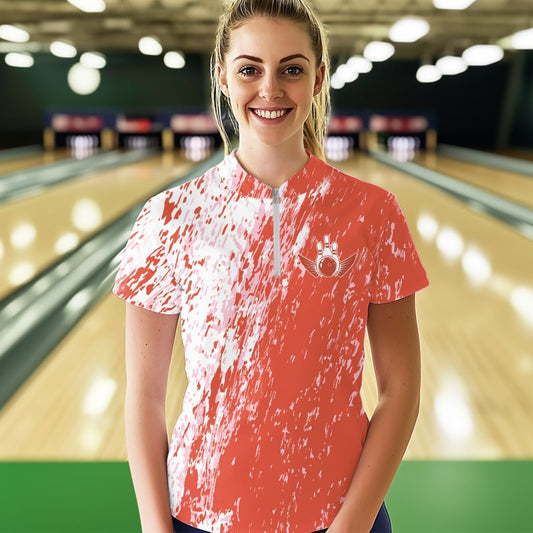 Custom White And Orange Bowling Quarter-Zip Shirts For Women, Bowling Tournament Outfits IPHW8745
