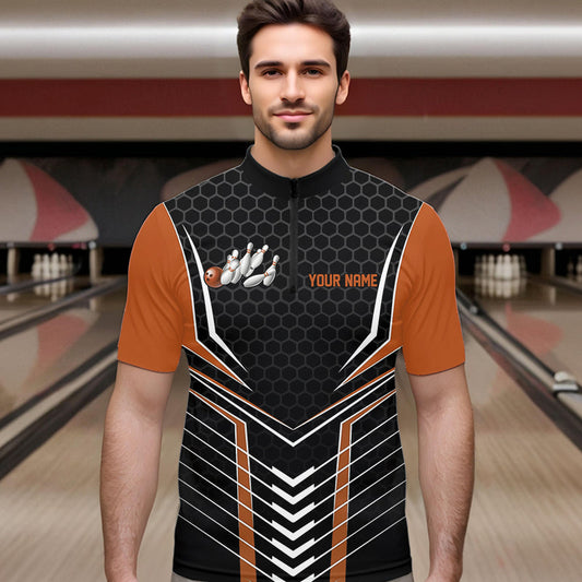 Custom Black And Orange Eagle Bowling Jerseys, Bowling Team Men Quarter-Zip Shirts Bowlers Outfits IPHW8751