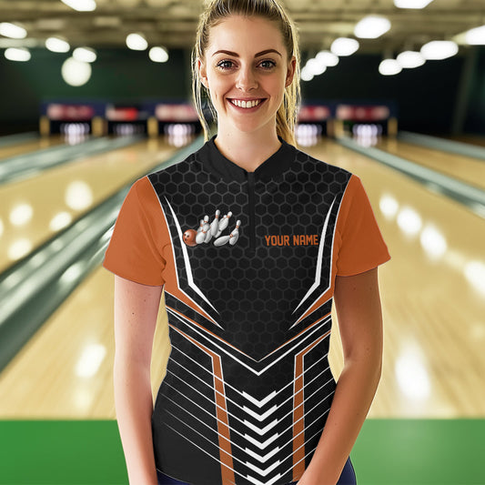 Custom Black And Orange Eagle Bowling Jerseys, Bowling Team Women Quarter-Zip Shirts IPHW8751