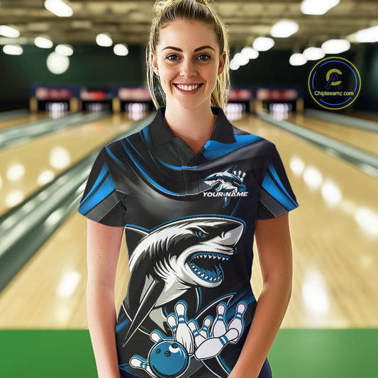 Custom Black And Blue Shark Bowling Team Polo Shirts For Women, Bowling League Shirt IPHW9003