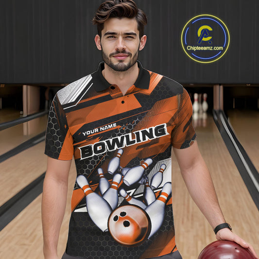 Custom Black And Orange Hexagon Pattern Bowling Polo Shirts For Men, Bowling Team Uniform IPHW9421