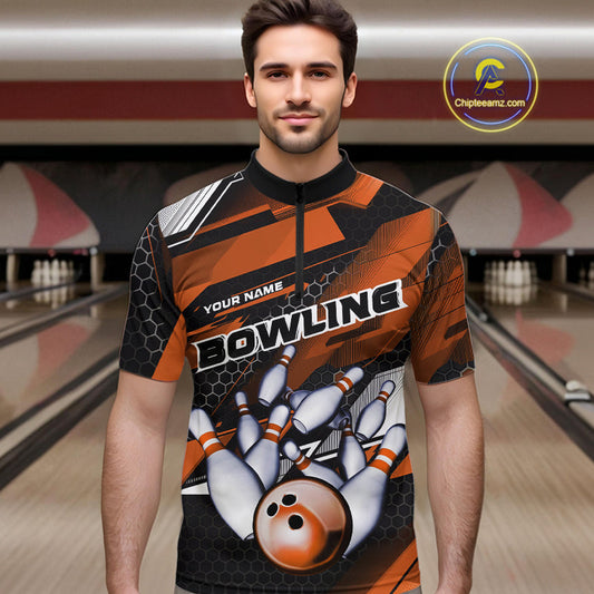 Custom Black And Orange Hexagon Pattern Bowling Quarter-Zip Shirts For Men, Bowling Team Uniform IPHW9421