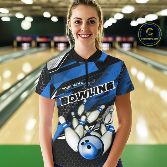 Custom Black And Blue Hexagon Pattern Bowling Women Quarter-Zip Shirts, Team Uniform IPHW9422