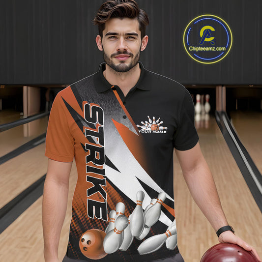Custom Black And Orange Strike Bowling Polo Shirts For Men, Bowling Team Uniform IPHW9424