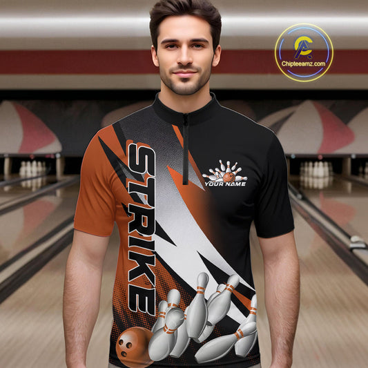 Custom Black And Orange Strike Bowling Quarter-Zip Shirts For Men, Bowling Team Uniform IPHW9424