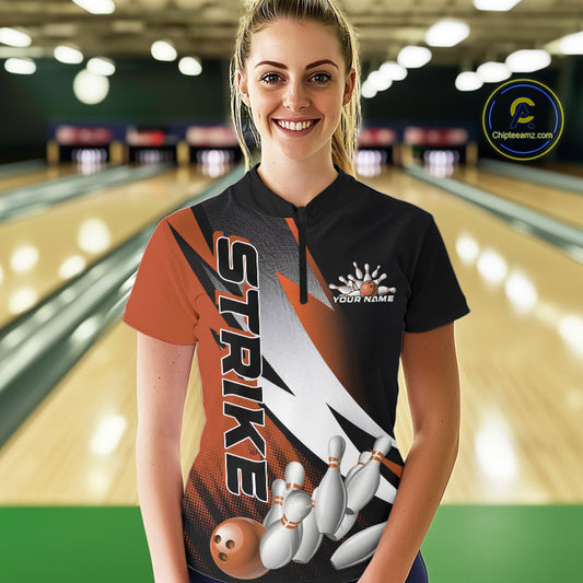 Custom Black And Orange Strike Bowling Women Quarter-Zip Shirts, Bowling Team Uniform IPHW9424
