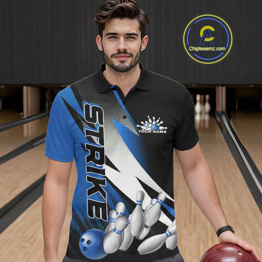 Custom Black And Blue Strike Bowling Polo Shirts For Men, Bowling Team Uniform IPHW9425