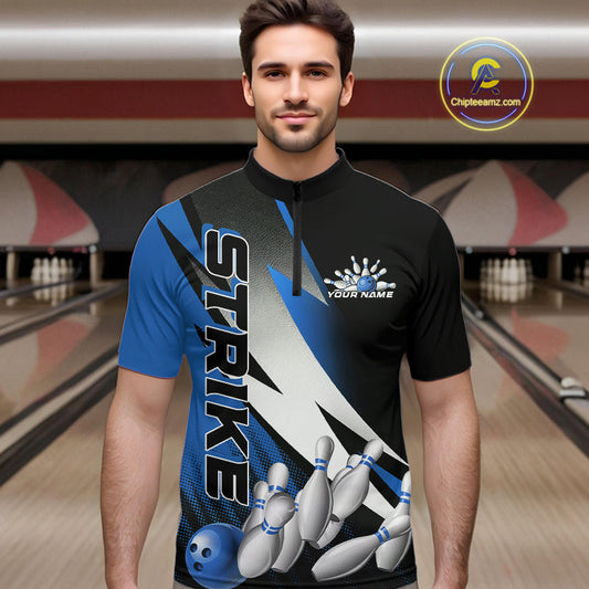 Custom Black And Blue Strike Bowling Quarter-Zip Shirts For Men, Bowling Team Uniform IPHW9425