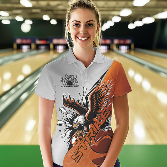 Custom Orange Eagle Bowling Team Women Polo Shirts, Bowling League Shirt Bowlers Outfit IPHW8754