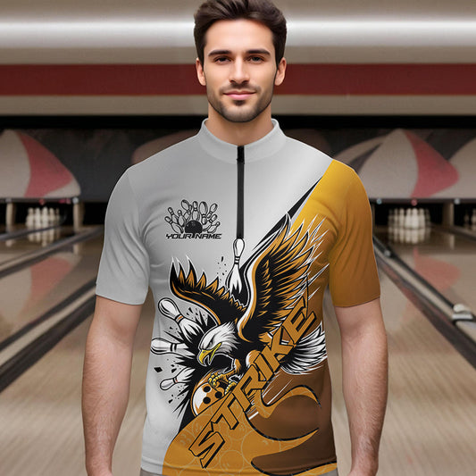 Custom Yellow Eagle Bowling Team Men Quarter-Zip Shirts, Eagle Bowling League Shirt Bowlers Outfit IPHW8757
