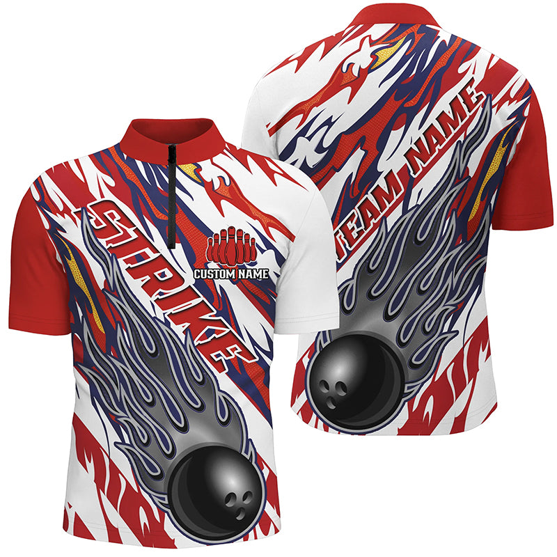 Flame American Flag Custom Unisex Bowling Team Shirts, Patriotic Strike Bowling Outfits IPHW5986