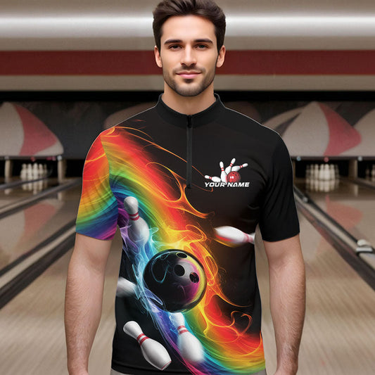 Custom Colorful Rainbow Flame Bowling Team Quarter-Zip Shirts For Men, Bowling Tournament Outfits IPHW8783