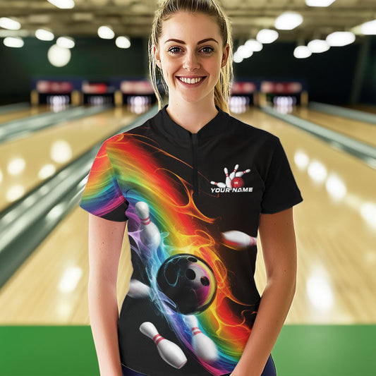 Custom Colorful Rainbow Flame Bowling Team Quarter-Zip Shirts For Women, Bowlers Outfits IPHW8783