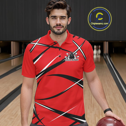 Front view of a male bowler in a bowling alley wearing a red, black, and white bowling polo shirt with an athletic jersey pattern