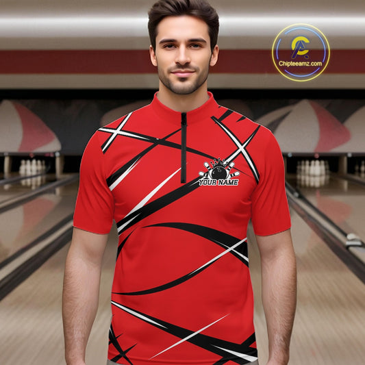 Front view of a male bowler in a bowling alley wearing a red, black, and white bowling quarter-zip shirt with an athletic jersey pattern