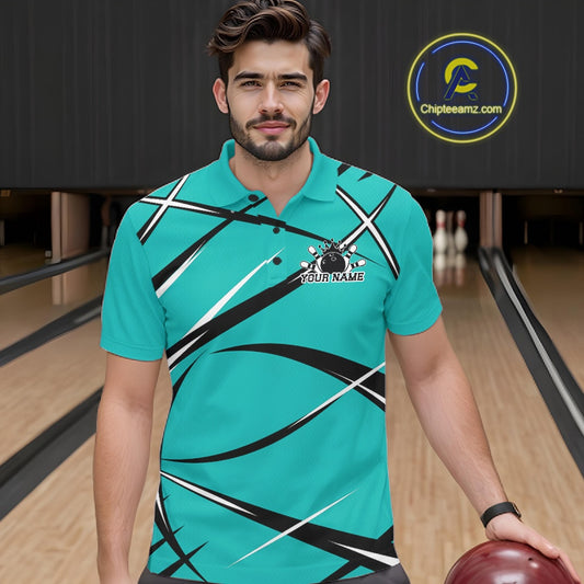 Front view of a male bowler wearing a turquoise blue, black, and white bowling polo shirt in a bowling lane
