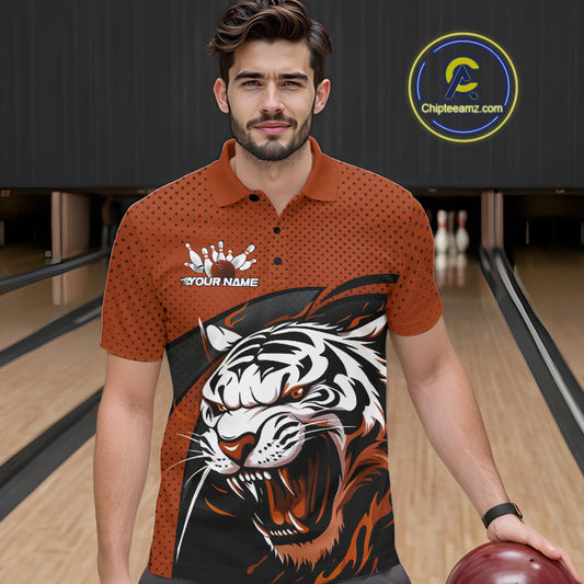 Custom Black And Orange Tiger Bowling Team Polo Shirts For Men, Bowling League Shirt IPHW9021