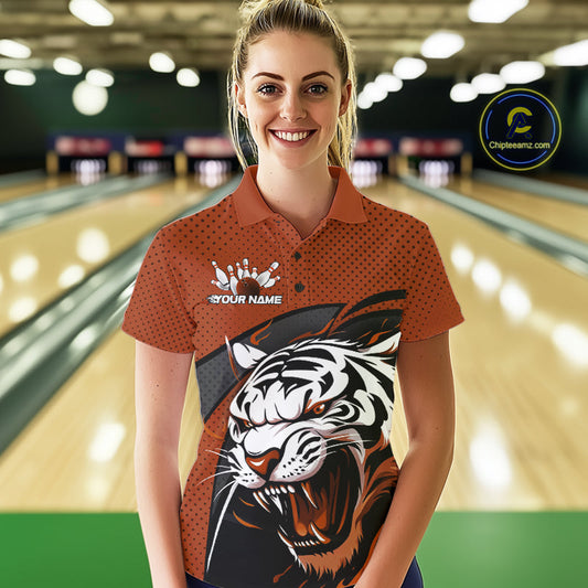 Custom Black And Orange Tiger Bowling Team Polo Shirts For Women, Bowling League Shirt IPHW9021