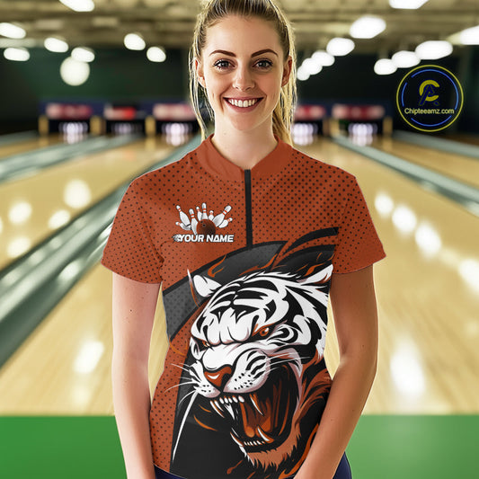 Custom Black And Orange Tiger Bowling Team Women Quarter-Zip Shirts, Bowling League Shirt IPHW9021