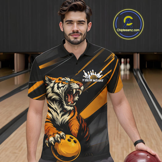 Personalized Tiger Bowling Team Men Polo Shirts, Black And Yellow Tiger Bowling Jerseys IPHW9022