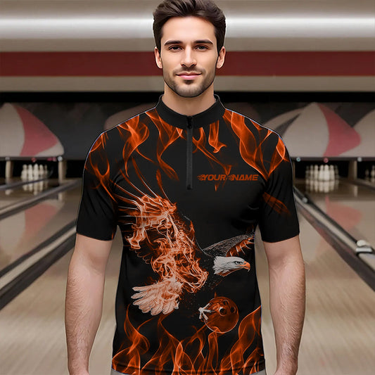 Custom Black And Orange Flame Eagle Bowling Team Men Quarter-Zip Shirts, Eagle Bowling League Shirt IPHW8792