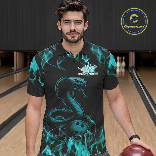Custom Black And Blue Flame Cobra Snake Bowling Men Polo Shirts, Bowling League Shirt IPHW9042