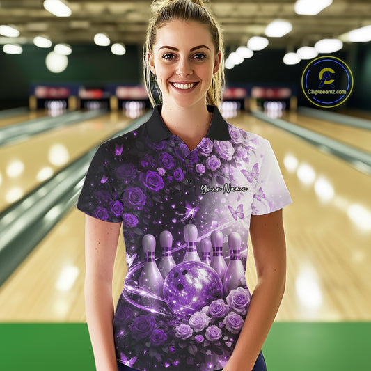 Custom Dreamy Purple Roses And Butterfly Women Bowling Polo Shirt, Ladies Bowling Shirt IPHW10899