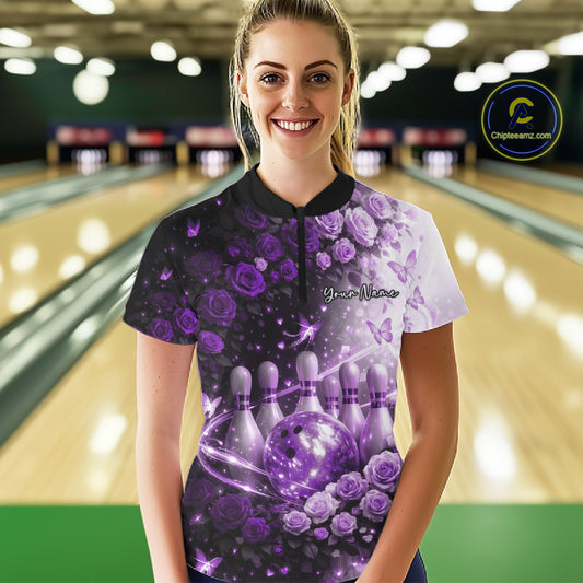 Custom Dreamy Purple Roses And Butterfly Women Bowling Quarter-Zip Shirt, Ladies Outfit IPHW10899