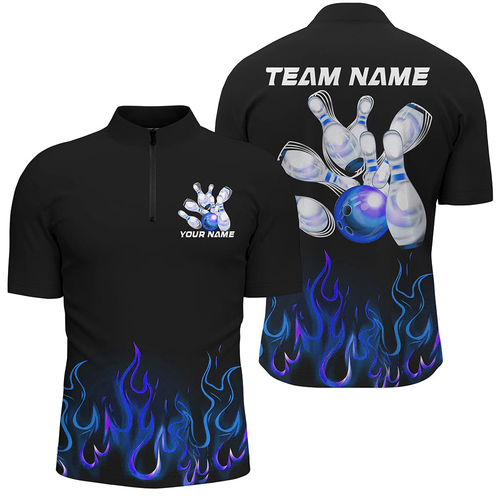 Custom Blue Flame Bowling Shirts For Men, Personalized Bowling Team Shirts IPHW7378