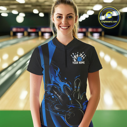 Custom Mid Blue Flame Bowling Women Quarter-Zip Shirt, Striking Fire Jerseys Team Uniform IPHW9084