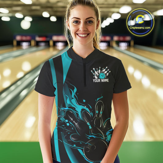Custom Teal Blue Flame Bowling Women Quarter-Zip Shirt, Striking Fire Jersey Team Uniform IPHW9085