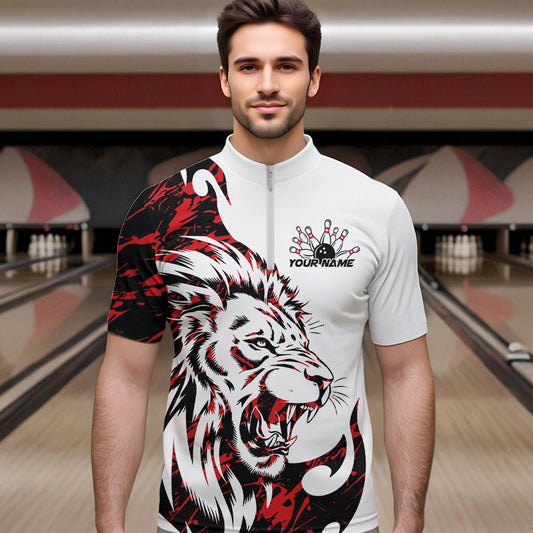Custom Red Camo Lion Bowling Team Quarter-Zip Shirts For Men, Lion Bowling League Shirt IPHW8855