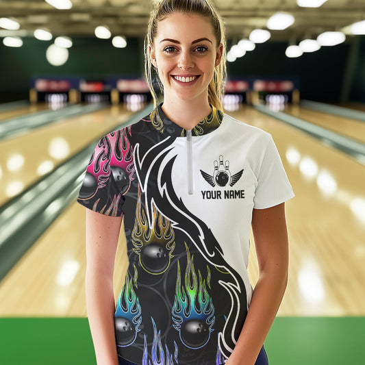 Colorful Rainbow Flame Ball Custom Bowling Women Quarter-Zip Shirts, Bowling League Shirt IPHW8865