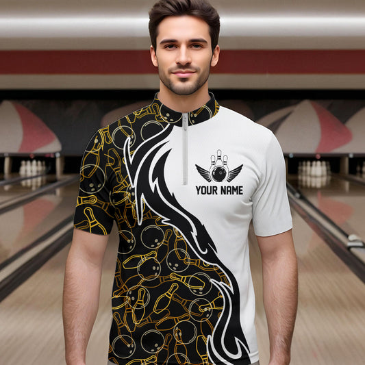 Black And Yellow Bowling Pattern Custom Bowling Team Men Quarter-Zip Shirts, Bowling League Shirt IPHW8868
