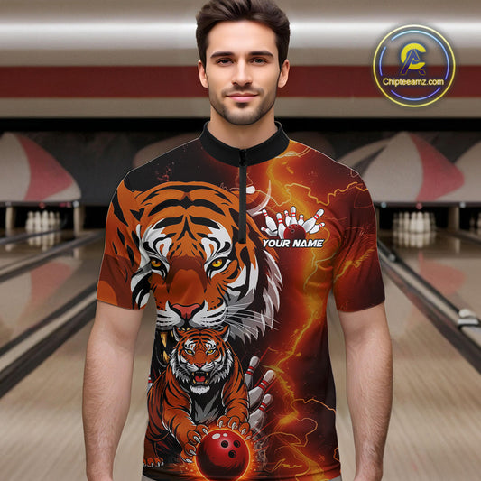 Custom Thunder Lightning Tiger Bowling Quarter-Zip Shirts For Men, Bowling Team Outfit IPHW9093