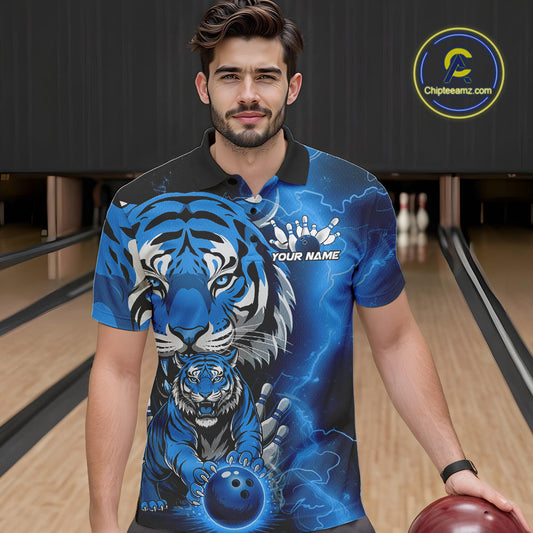 Custom Blue Thunder Lightning Tiger Bowling Polo Shirts For Men, Bowling Team Outfit IPHW9094