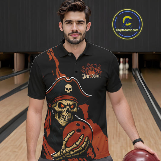 Custom Black And Orange Pirate Bowling Men Polo Shirt, Pirate Bowling Team Jerseys IPHW10709